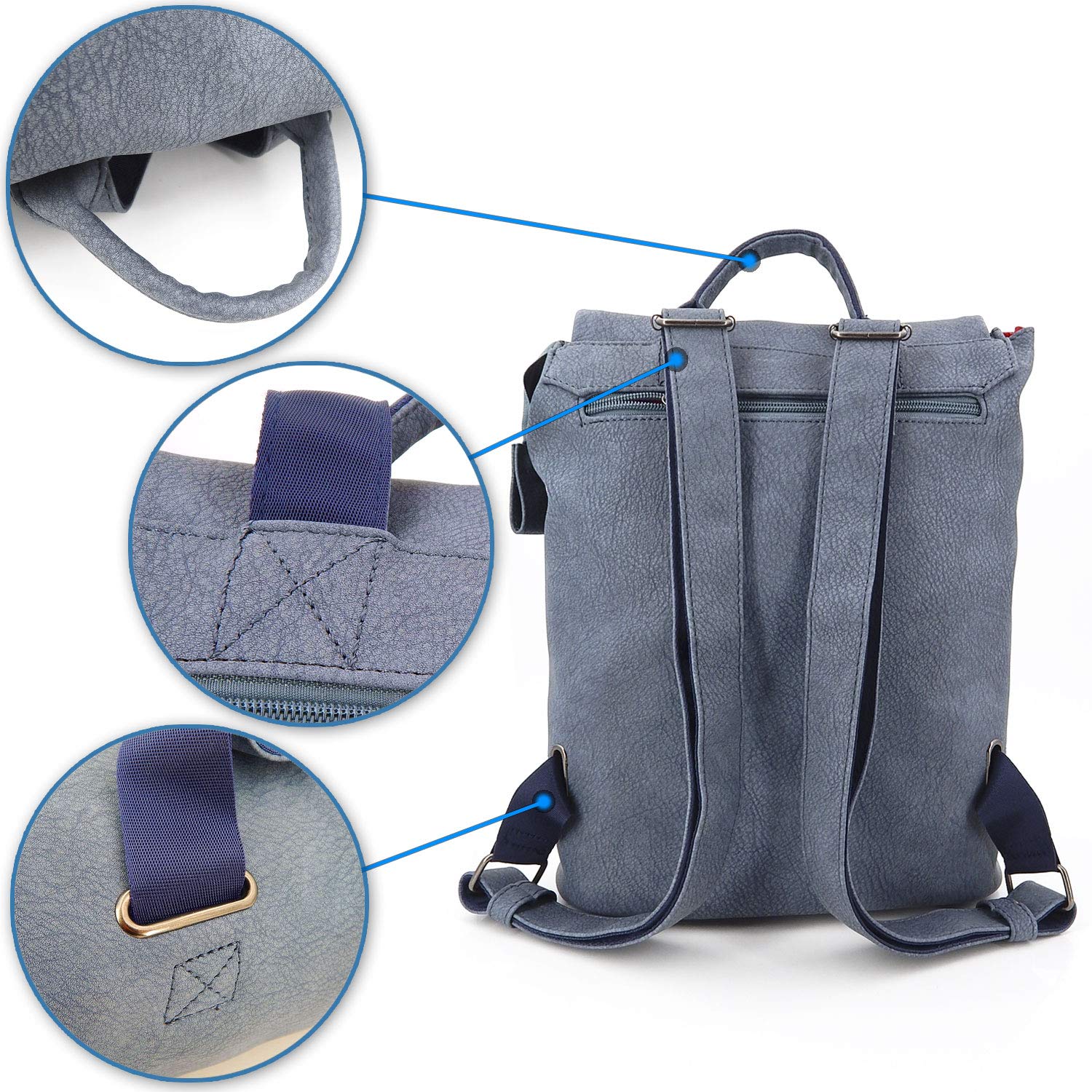 ekavale - Elegant Rucksack für Damen & Mädchen – City Daypack aus Optik Leder – klein Schulrucksack Backpack (Blau)