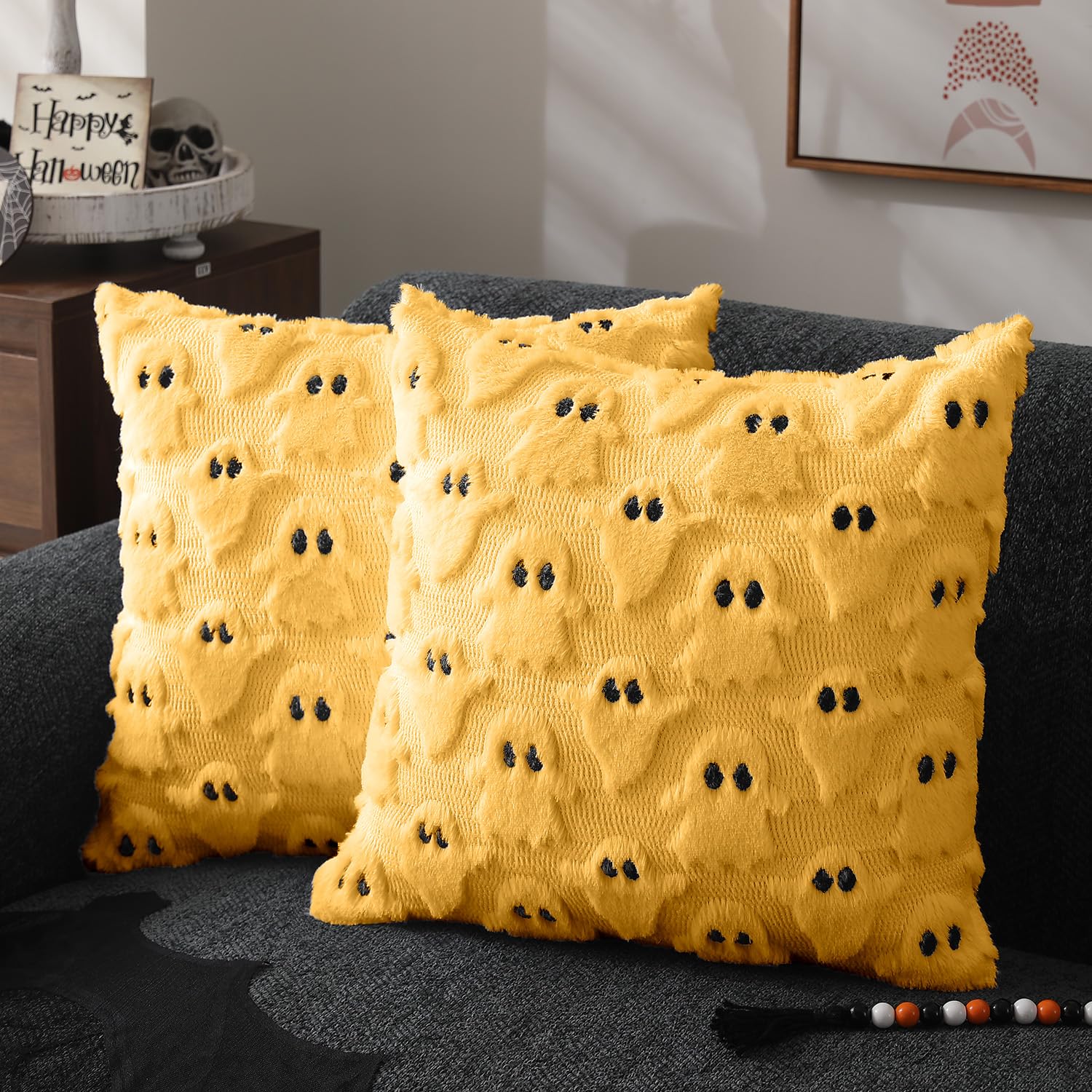 DFXSZ Halloween Pillow Covers 20x20 inch 2Pcs Yellow Ghost Halloween Decor | Halloween Decorations Set of 2 Throw Pillow Cases Plush Faux Fur Wool Cushion for Chair Sofa Bedroom Living Room Home Decor