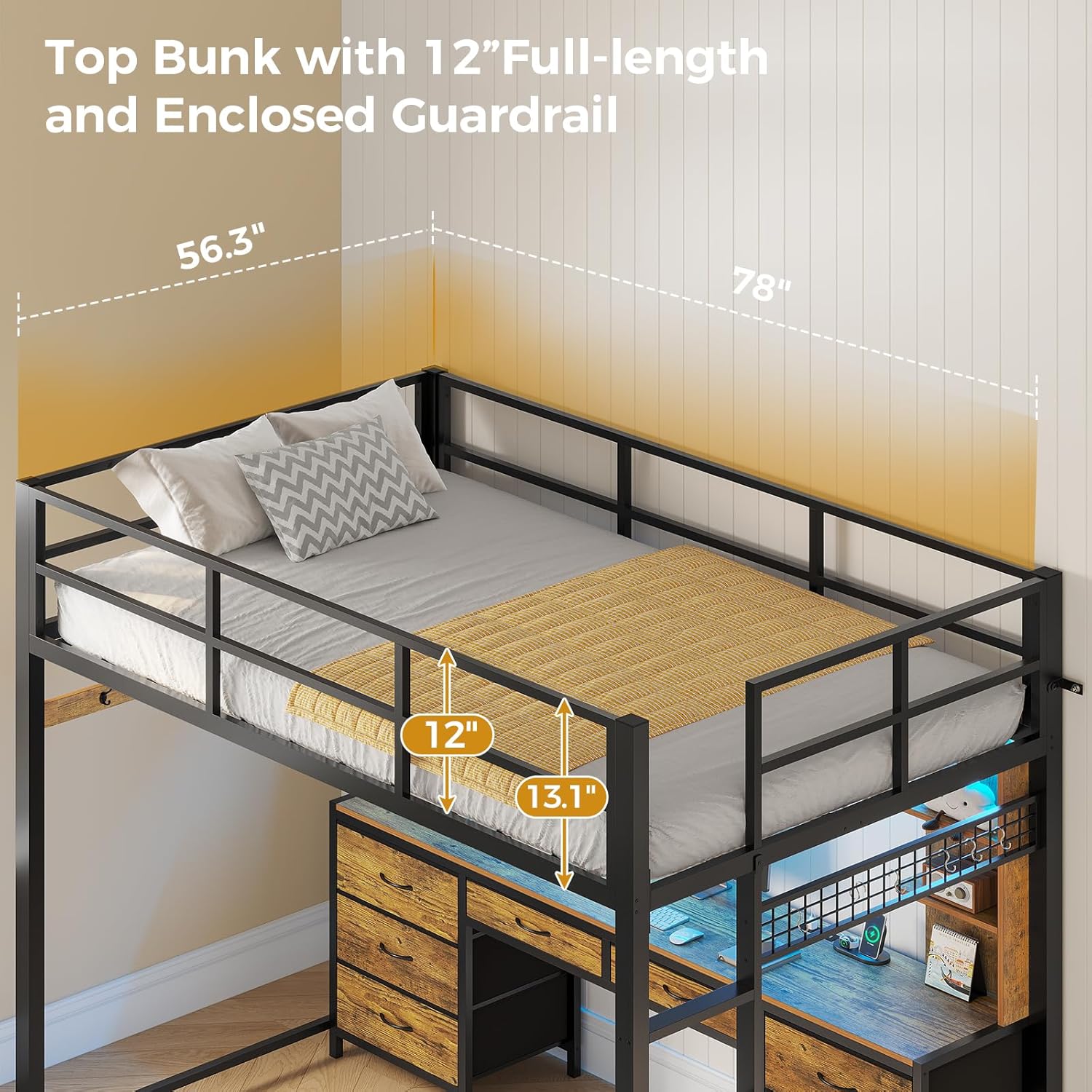 ADORNEVE Full Size Loft Bed with Desk and 8 Storage Drawers, Metal Loft Beds Full with LED Lights & Charging Sation, Heavy Duty Loft Bed Frame with 6 Storage Shelves, Space-Saving, Rustic Brown