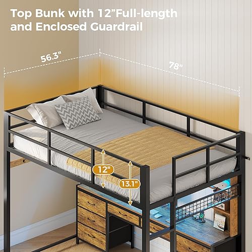 Miniatura 7 de ADORNEVE Cama alta de tamaño completo con escritorio y 8 cajones de almacenamiento, camas altas de metal completas con luces LED y estación de