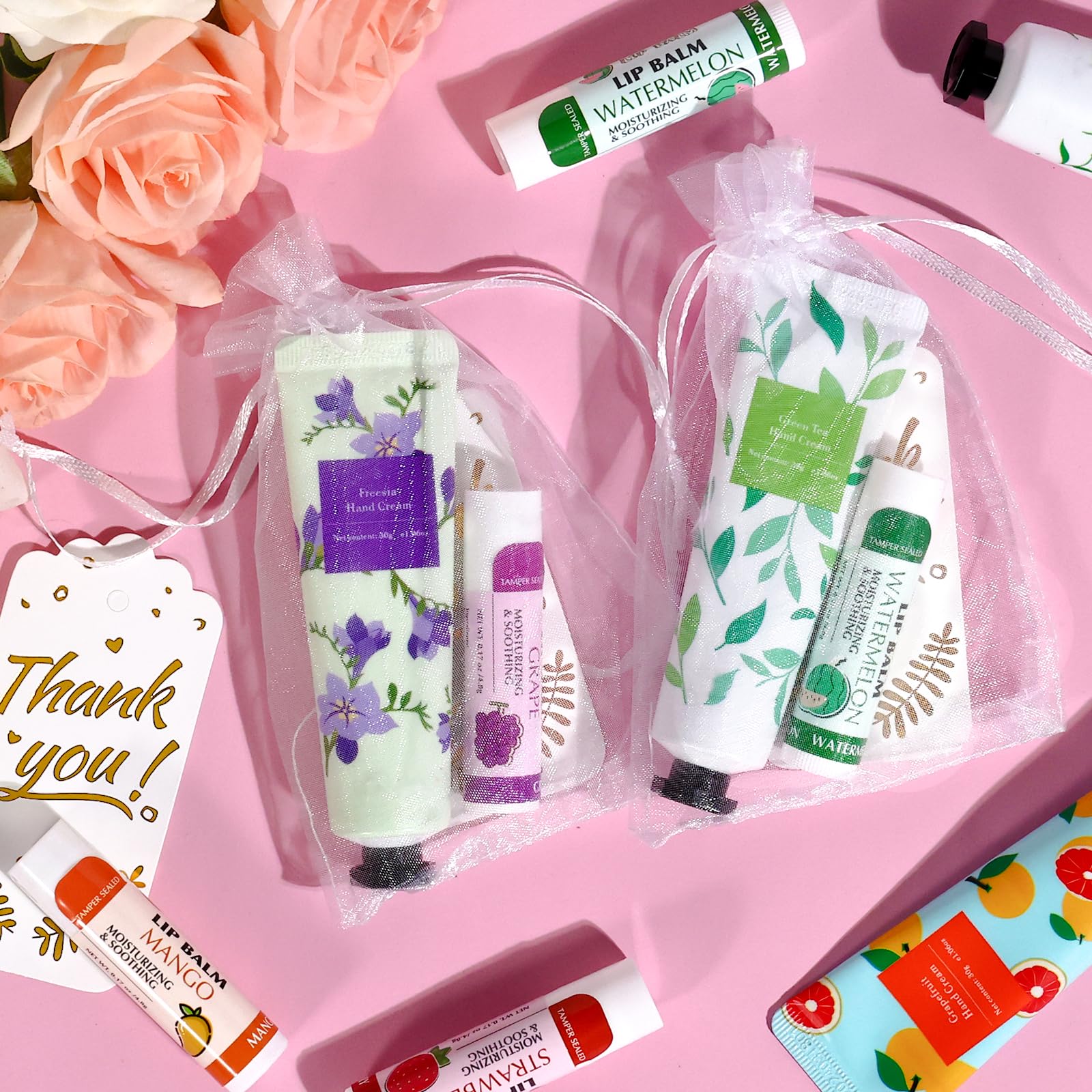 AZEN 50 juegos de regalos a granel, crema de manos y bálsamo labial a granel con bolsa de organza, tarjeta de agradecimiento, regalo de boda para baby shower, regalos de boda para invitados, regalos