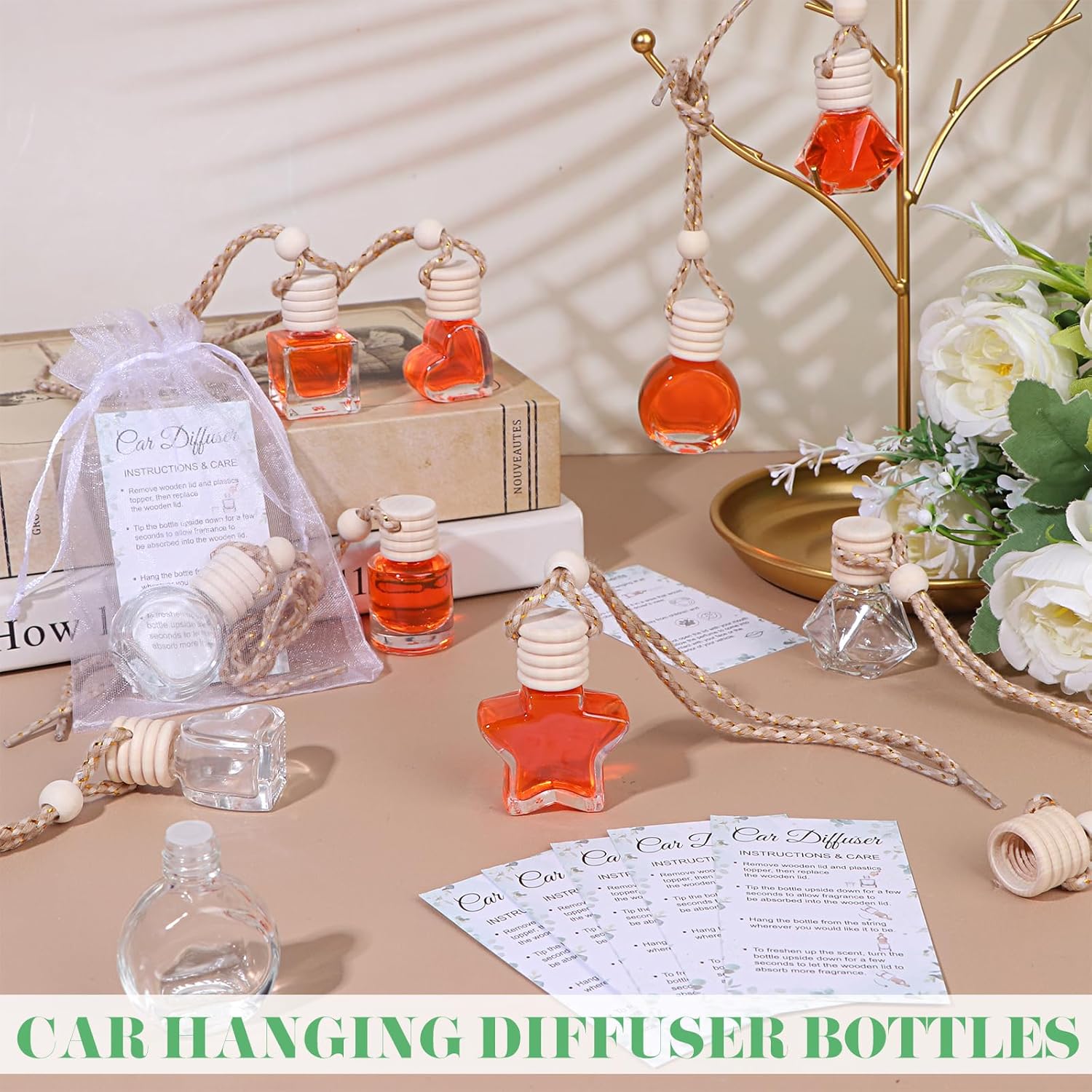 48 Sets Hanging Car Air Freshener Diffuser Bottles Bulk with Car Diffuser Instructions Car Card Empty Glass Essential Oil Diffuser Bottles Fragrance Perfume Pendant Bottle for Staff Employee