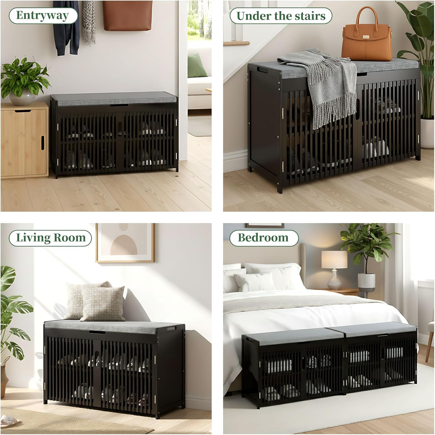 Bamboo Shoe Storage Bench with Padded Cushion, 3-Tier Shoe Rack Organizer with 2 Ventilated Grille Doors for Entryway, Bedroom, Bathroom (Black)