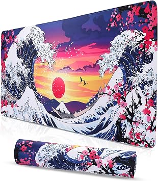 Japanese Wave Mouse Pad - Large Anime Gaming Desk Mat, Kanagawa Computer Keyboard Big Desk Pad, 35.4 X 15.7 Inch XXL Office Desktop Pads, Extended Non-Slip Rubber Base with Stitched Edge