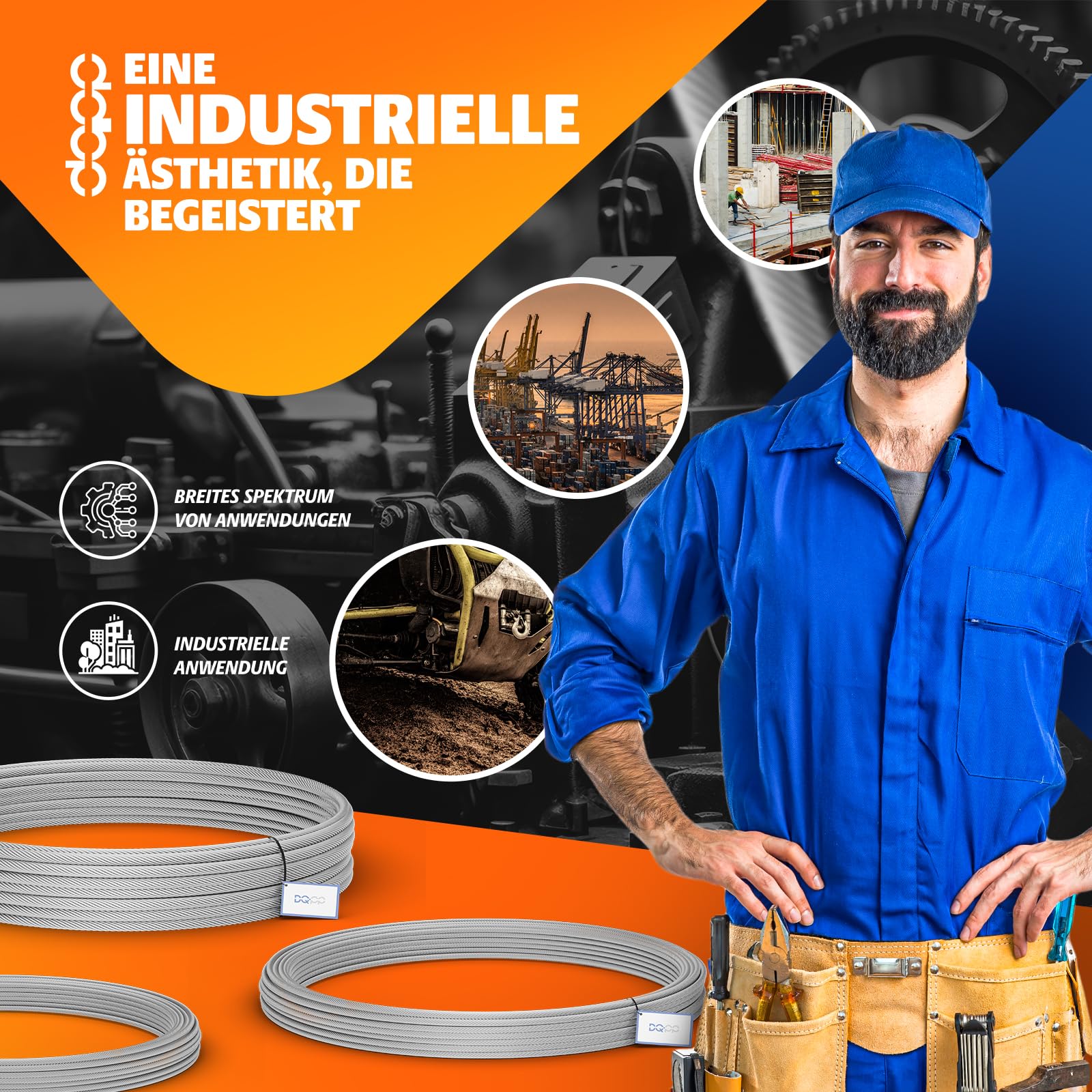DQ-PP Corda in acciaio – Costruzione: 6 x 19 – Diametro: 6 mm – Lunghezza: 50 m – Corda metallica galvanizzata – Corda forestale – Corda per verricello – Corda di serraggio