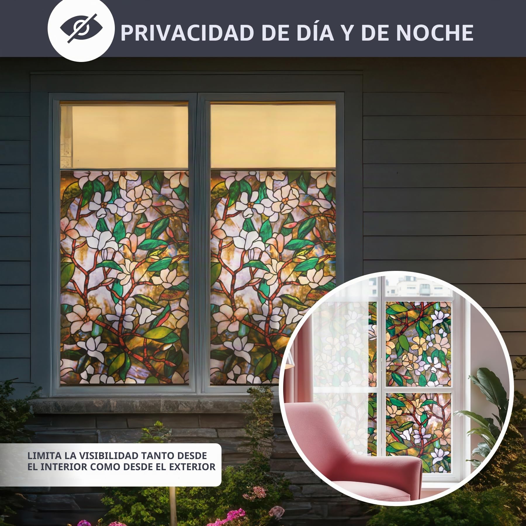 Artscape Magnolia | Película de privacidad para Ventana con patrón de vidrieras | no Adhesiva y protección UV | Fácil de aplicar y Quitar | 61 x 91 cm