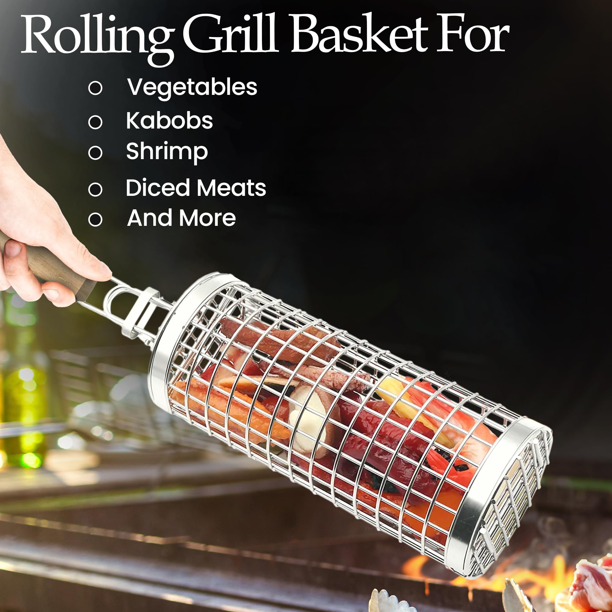 Grill Well 2.0 - Cesta rodante para parrilla (2 piezas) para verduras, kebob, camarones | Accesorios de parrilla para cocinar al aire libre y acampar | Regalo perfecto para el día del padre para