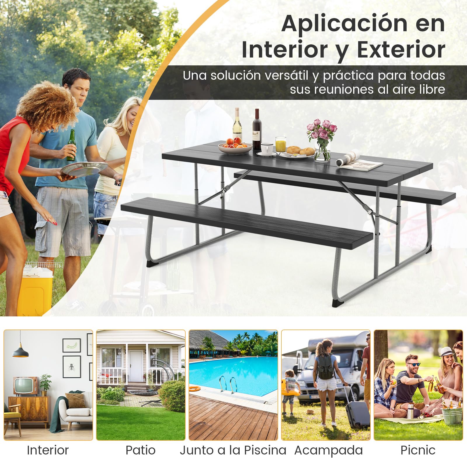 COSTWAY Conjunto de Mesa de Camping con 2 Bancos Plegable, Mesa de Picnic de HEPE para 8 Personas, Orificio para Sombrilla, Mesa y Sillas Jardin Patio Terraza (Negro)