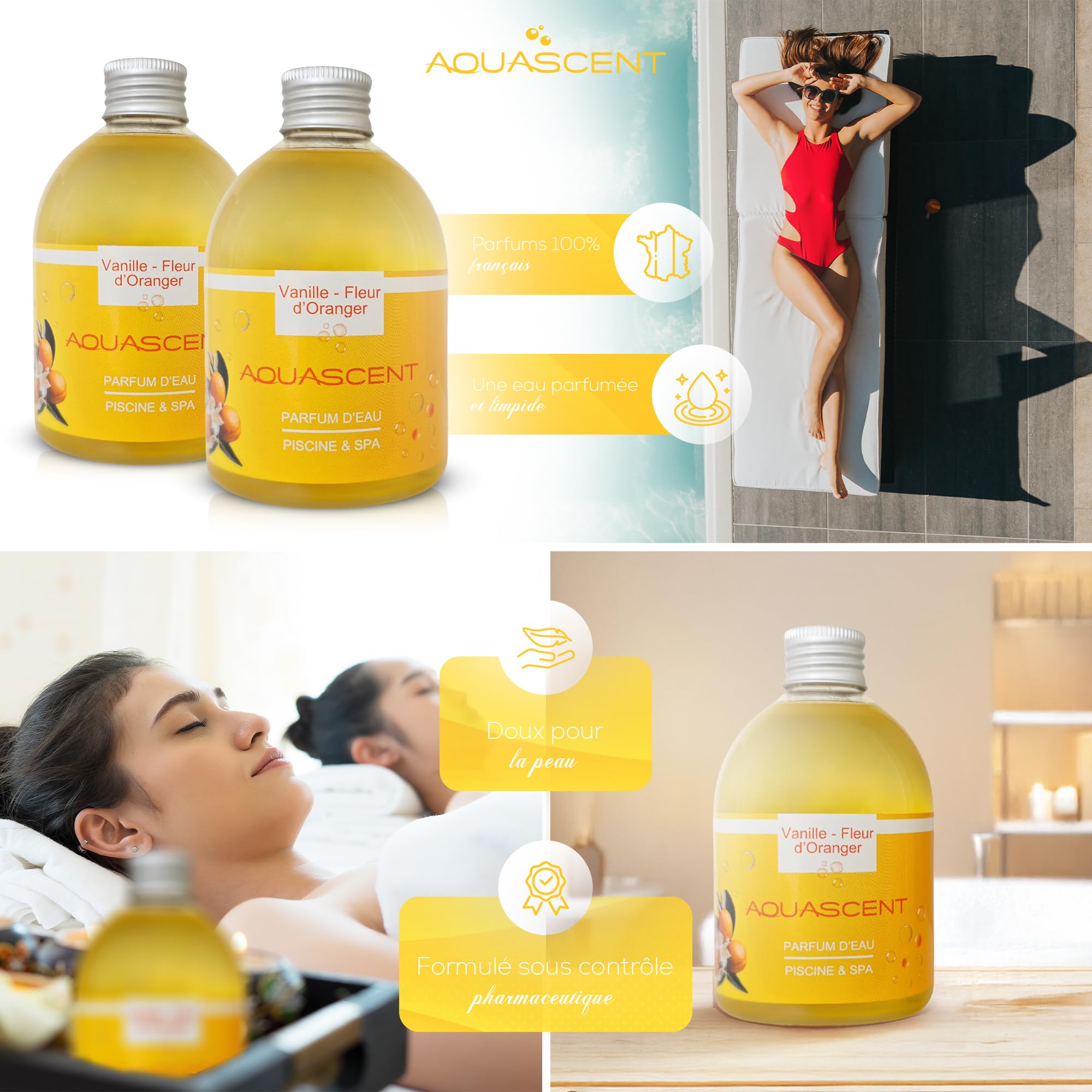 Parfum Piscine et Spa Vanille Fleur D'ORANGER- Concentré 250ml : élimine Les odeurs, préserve l'eau Claire, sans Alcool ni Colorant. Fabriqué en France. Compatible Sel & Chlore