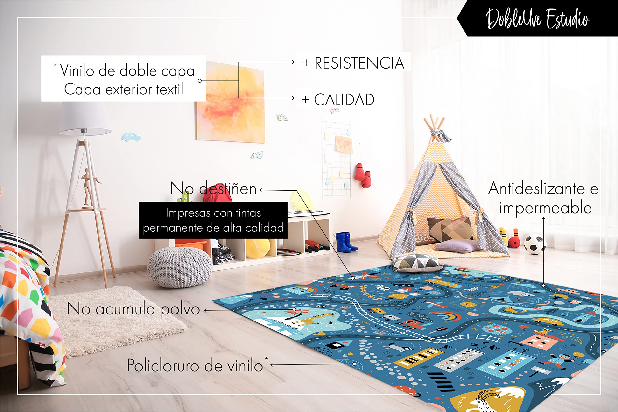 DobleUve Estudio Alfombra Vinílica Infantil 05 | Azul | 200x200 cm | Lavable | Carretera Grande | Suelo Vinilo