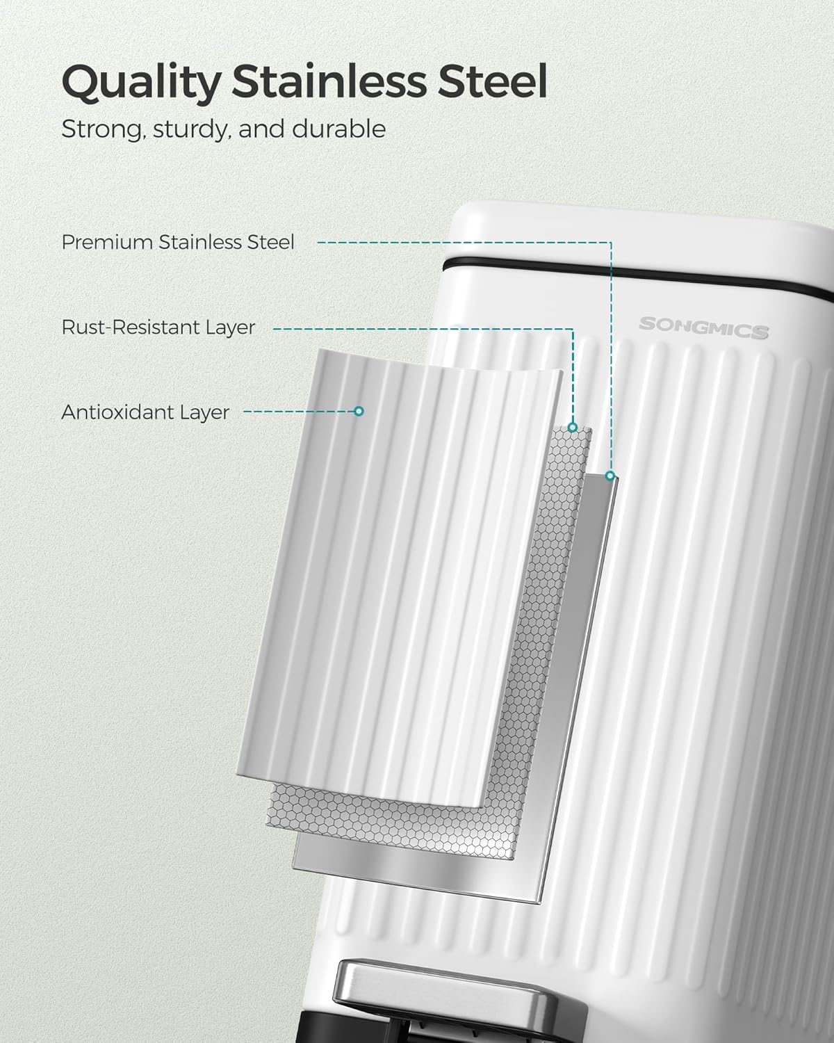 SONGMICS Bathroom Trash Can, 2.6-Gallon (10 L) Trash Bin with Lid, Slim for Small Spaces, Stainless Steel Garbage Can, Soft Close, White ULTB562W01