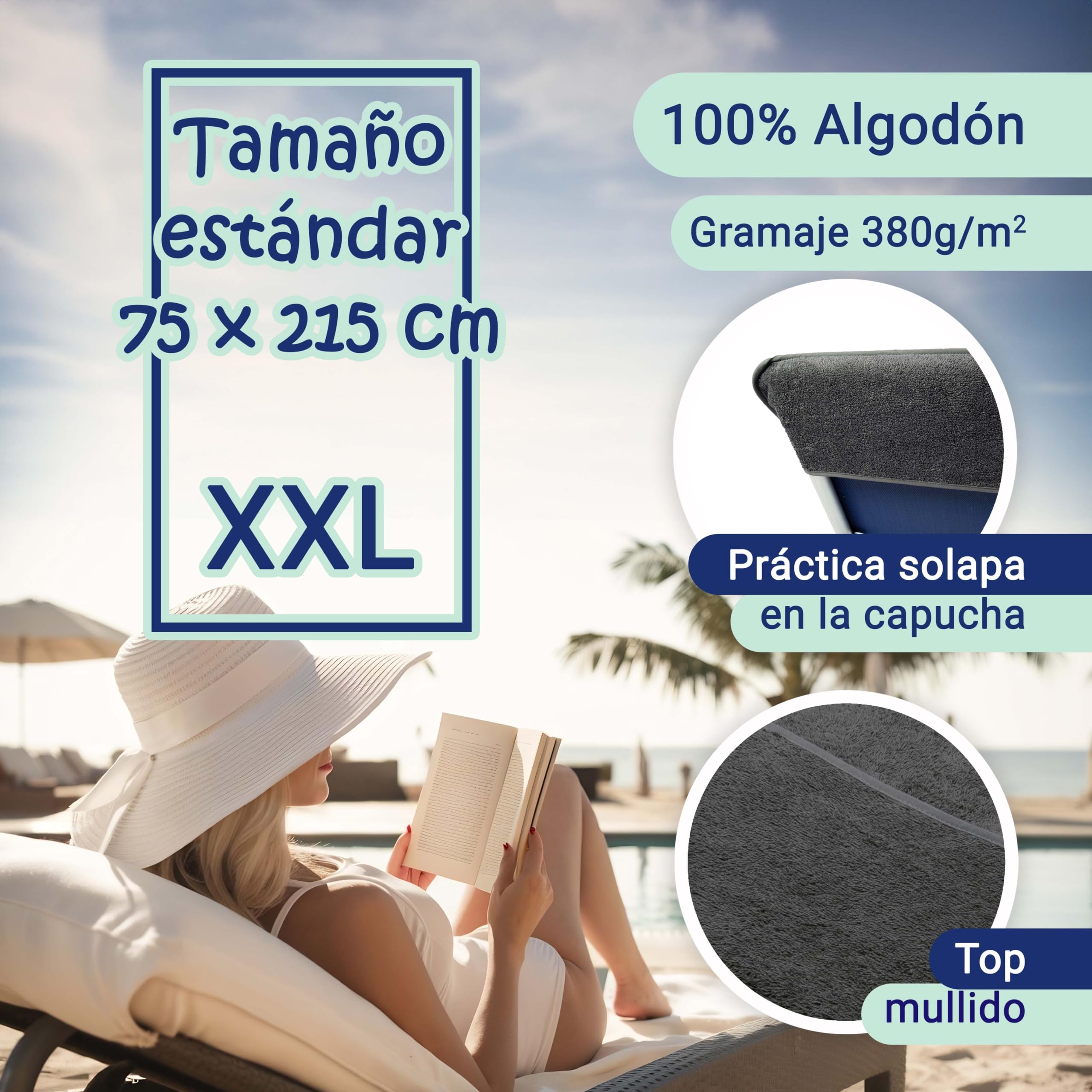 ZOLLNER Funda Protectora - Toalla de Playa Suave y Absorbente de 75x215 cm - Lavable hasta 60°C - algodón Color Gris Oscuro - sujeción Firme Gracias a la Capucha Cosida - certificación Oeko Tex®