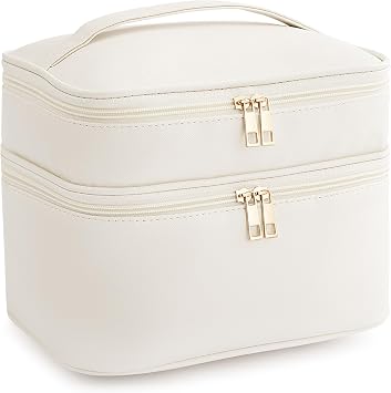 HBlife Double Layer Travel Makeup Bag Portable Cute Leather Cosmetic Bag Large Make Up Bag Makeup Case Organizer Toiletry Bag for Women Girls with Handle and Removable DividerBeige