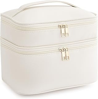 HBlife Double Layer Travel Makeup Bag Portable Cute Leather Cosmetic Bag Large Make Up Bag Makeup Case Organizer Toiletry Bag for Women Girls with Handle and Removable Divider(Beige)