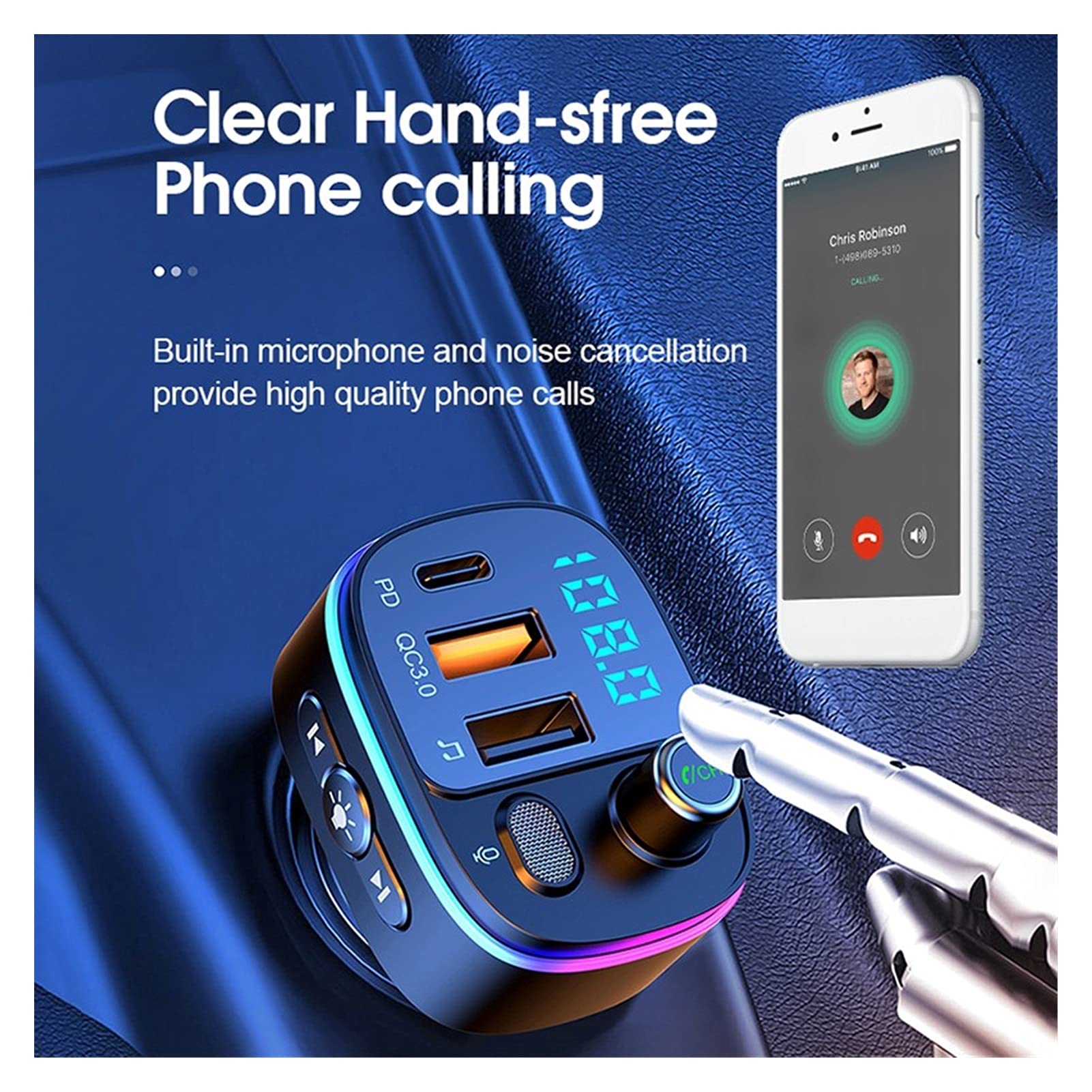 Adaptateur audio Bluetooth Lecteur MP3 de voiture Bluetooth 5.0 FÉMININ Kit de voiture mains libres de transmetteur PD QC 3.0 Double USB Transmetteur de lumières de l'atmosphère colorée du chargeur