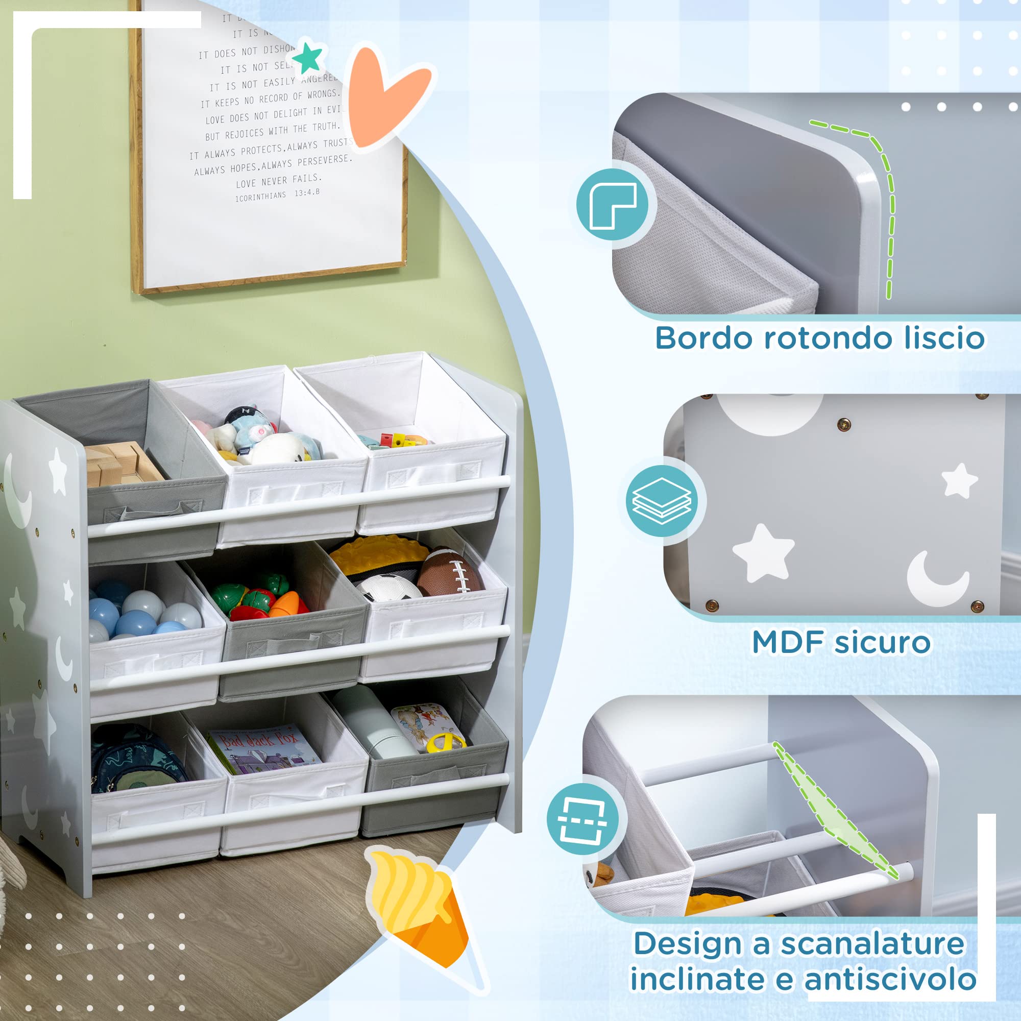 ZONEKIZ Mobile Contenitore per Bambini con 9 Cestini Rimovibili, Mobiletto Portagiochi in Legno MDF e Tessuto, 63x30x60 cm, Grigio