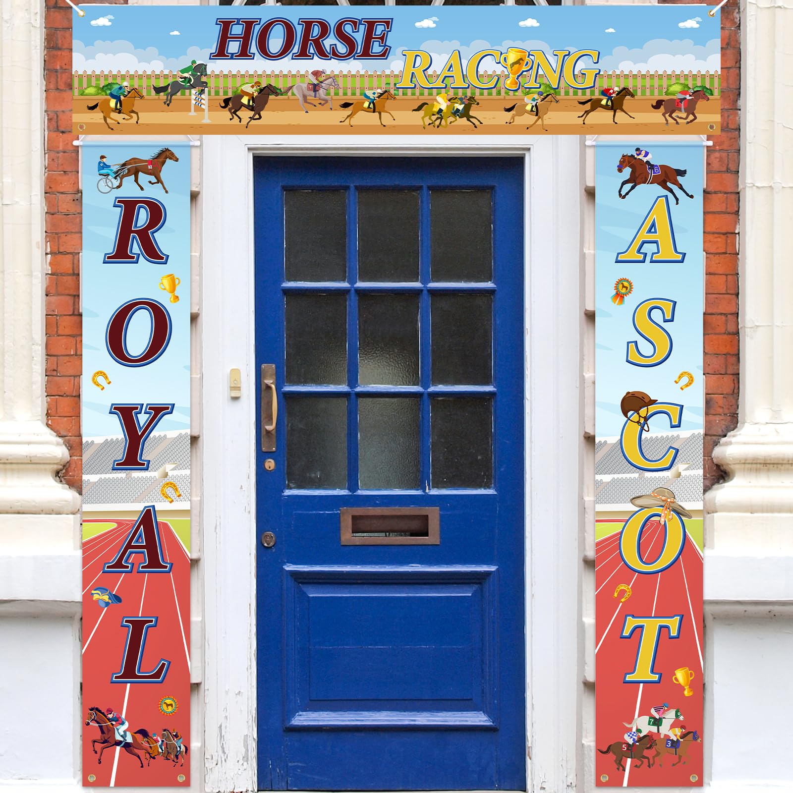 3 PCS Royal Ascot Horse Racing Decorations Set 1 Large Horizontal Banner 1 Pair of Vertical Banners Royal Ascot Party Favors Photo Booth Props for Horse Racing Themed Party Wall Decor