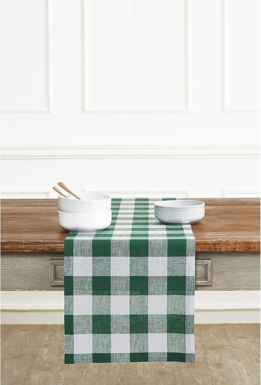 Solino Home 100% Pure Linen Buffalo Check Table Runner – 14 x 108 Inch Green & White Checks Table Runner Natural Fabric Handcrafted from European Flax : Home & Kitchen