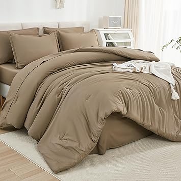 Litanika Oversized Queen Size Comforter Set Taupe - 7 Pieces Bed in a Bag Oversized Beddding Sets, Solid Lightweight Bed Set with Comforter, Sheets, Pillowcases & Shams