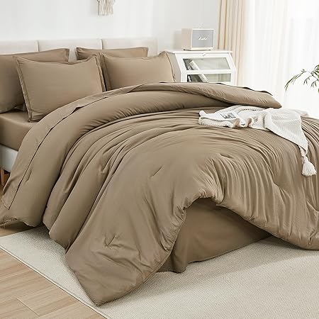 Litanika Oversized Queen Size Comforter Set Taupe - 7 Pieces Bed in a Bag Oversized Beddding Sets, Solid Lightweight Bed Set with Comforter, Sheets, Pillowcases & Shams