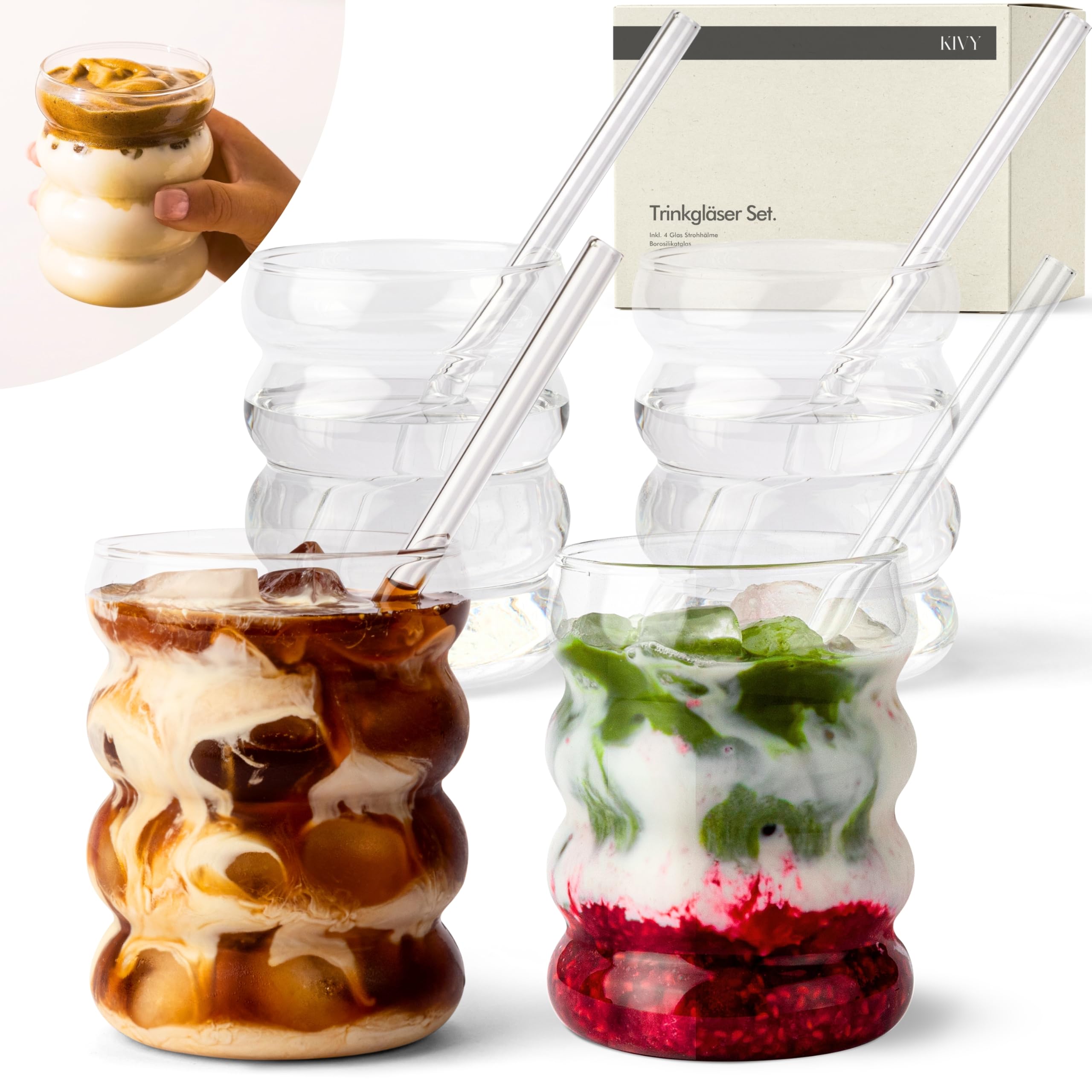 KIVY Trinkgläser 4er Set mit Glas Strohhalm - Für Eiskaffee, Wasser & Cocktails - Longdrinkgläser Set - Kaffee & Matcha Gläser - Kaffeegläser - Latte Macchiato Gläser (Bubble 350ml)