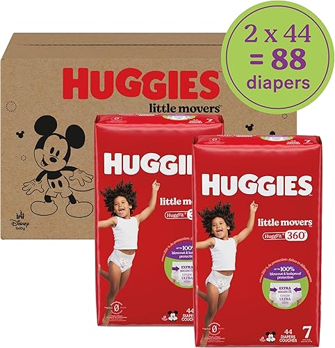 Miniatura 2 de Huggies Pañales para bebé tamaño 7, pañales Little Movers HuggFit de 360 con cintura de 360, talla 7 (41+ libras), 88 unidades (2 paquetes de 44),