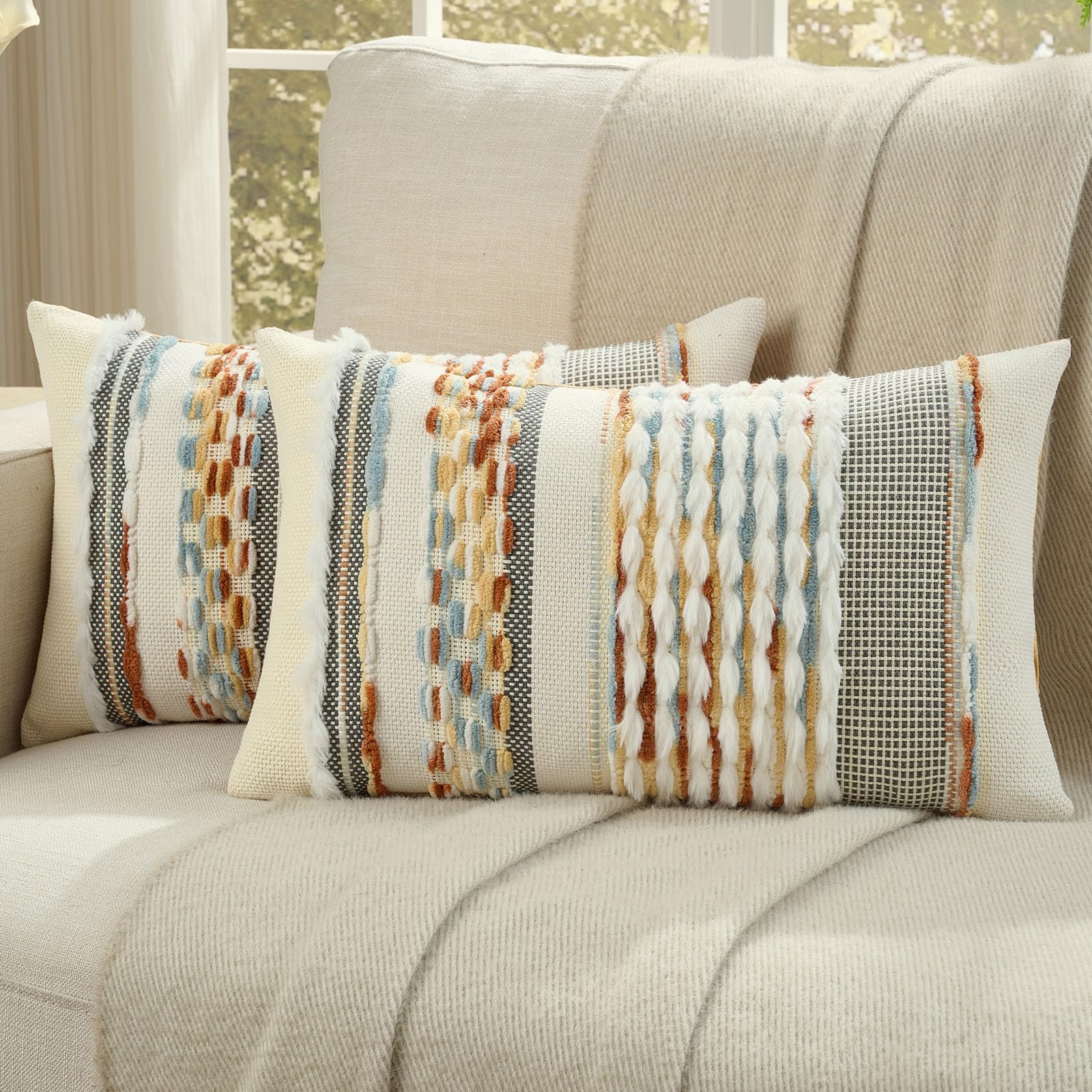 FUTEI Set of 2 Chenille Tufted Cushion Covers 30x50 cm,Rust+Blue+Yellow โ image 1