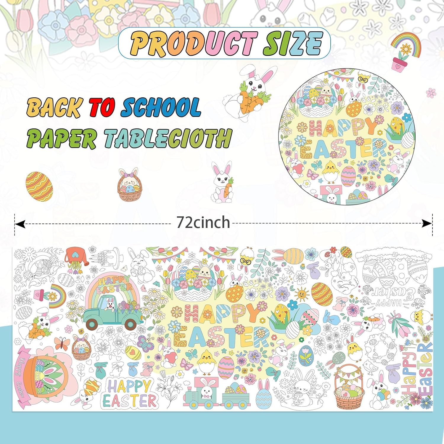 Affrolling Easter Giant Coloring Poster Tablecloth 31.5x72inch Large Spring Coloring Tablecloth Jumbo Happy Easter Color-in Banner Book Activities Craft Gift for Home Birthday Party Supplies Favor