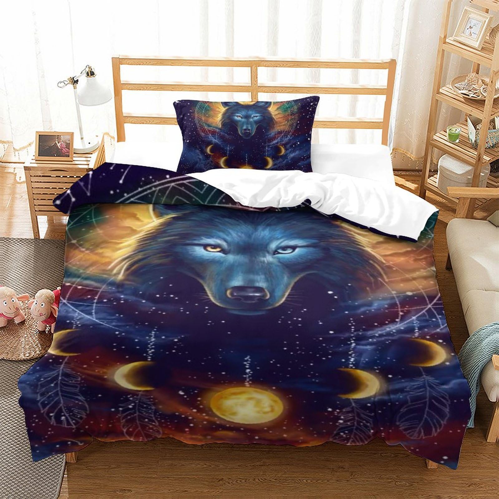 Housse de couette loup 3D respirante et parure de lit single douce