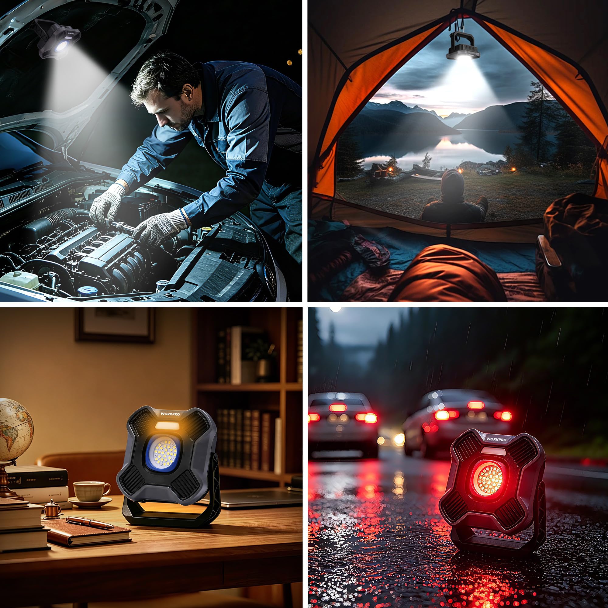 WORKPRO Lampe de Travail LED Rechargeable 2000LM, 5 Modes, Projecteur Magnétique Portable avec Support 180°, Batterie 4000mAh & Power Bank, Lampe Portable pour Camping, Réparation Auto et Urgence