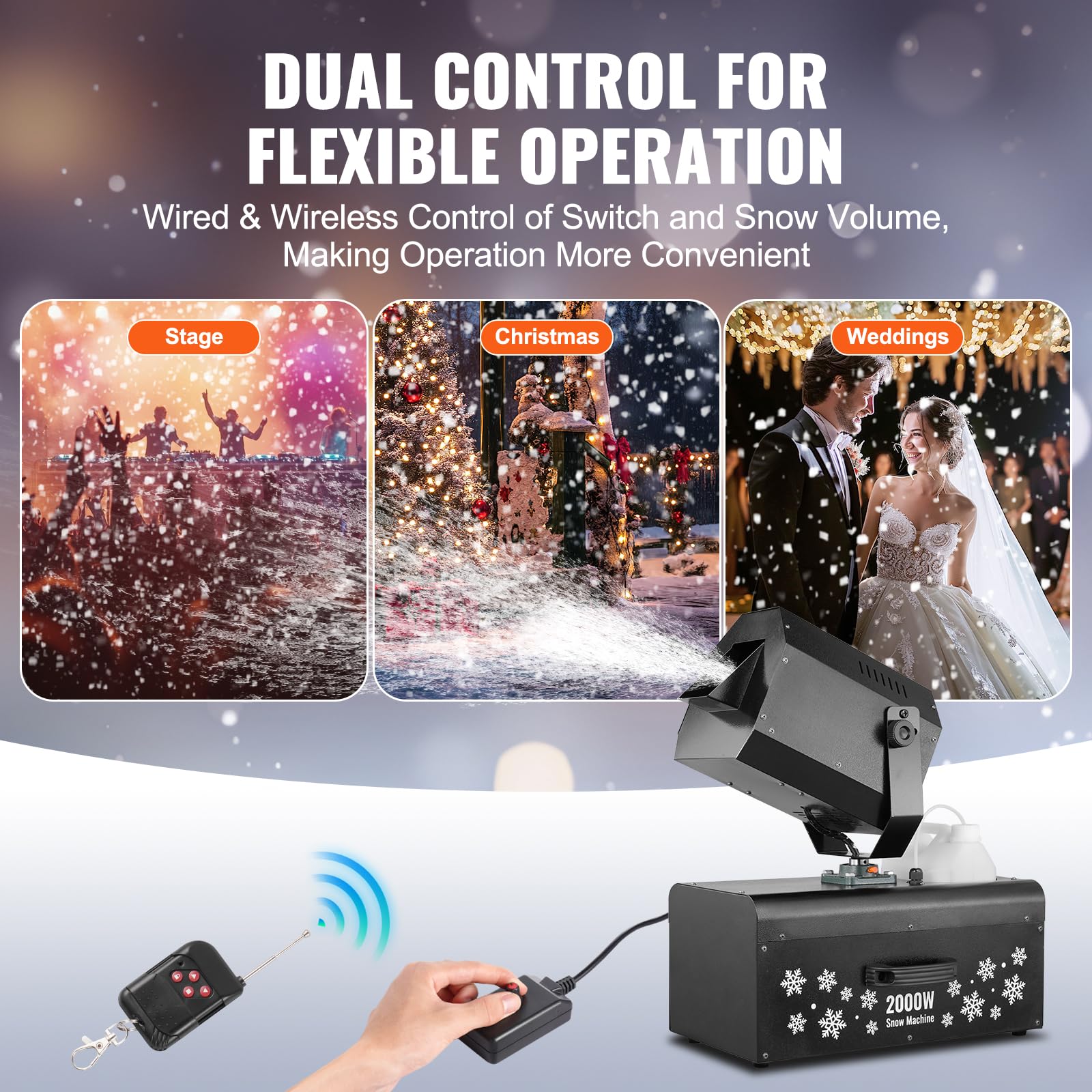 VEVOR Macchina per Neve 2000 W, Macchina Oscillante per Produrre Neve, Macchina per Fiocchi Neve con Telecomando Cablato e Wireless Serbatoio 5 L, Macchina Neve Finta per Feste di Natale Matrimoni