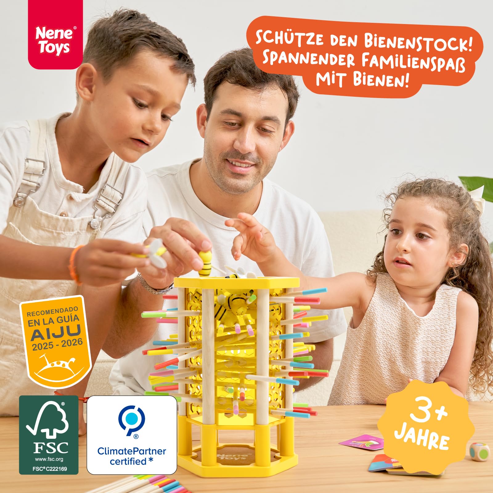 Nene Toys BEEFALL Groß, 4-in-1 Lernspiel mit Bienen, Montessori Spielzeug ab 3 Jahren mit bunten Stäben, Würfeln & Karten - Holzspiel für Jungen & Mädchen 3-9 Jahre - Pädagogisches Familienspiel