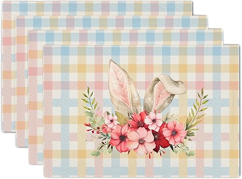 Juego de 4 manteles individuales de Pascua con orejas de conejo, diseño de búfalo gris, 12 x 18 pulgadas, impermeables, resistentes al calor, para