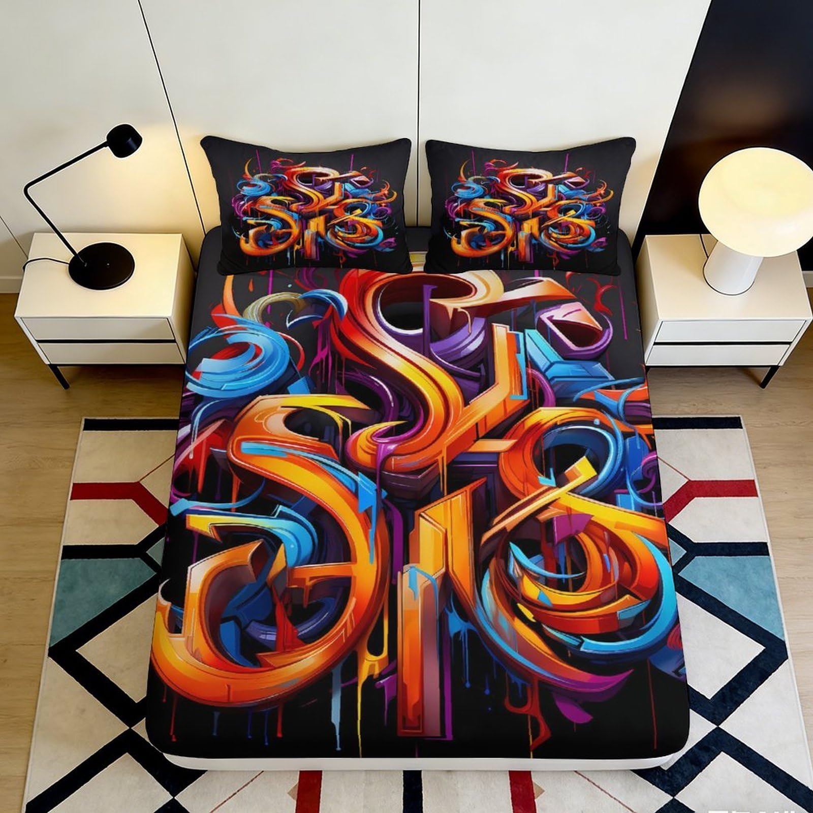 3D Printed Abstract Graffiti Fitted Sheet Microfiber Colorful Art Mattress Cover for Bedroom Guest Room Decor 90x200x25cm