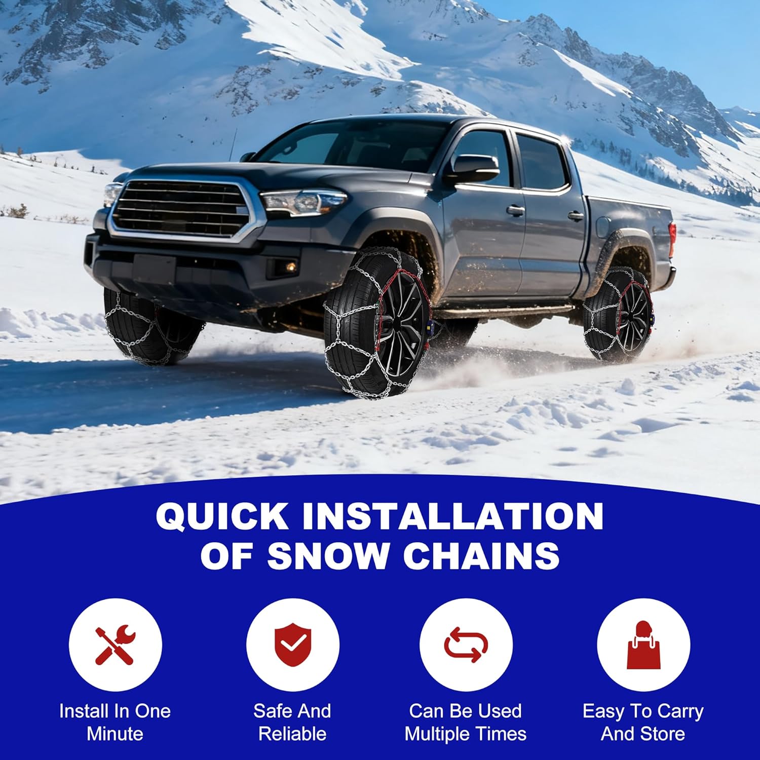 Auto-Tightening Snow Chains, 1-Minute Quick Install Tire Chains for Cars/SUVs/Trucks, 4.5MM Heavy-Duty Emergency Traction, Set of 2