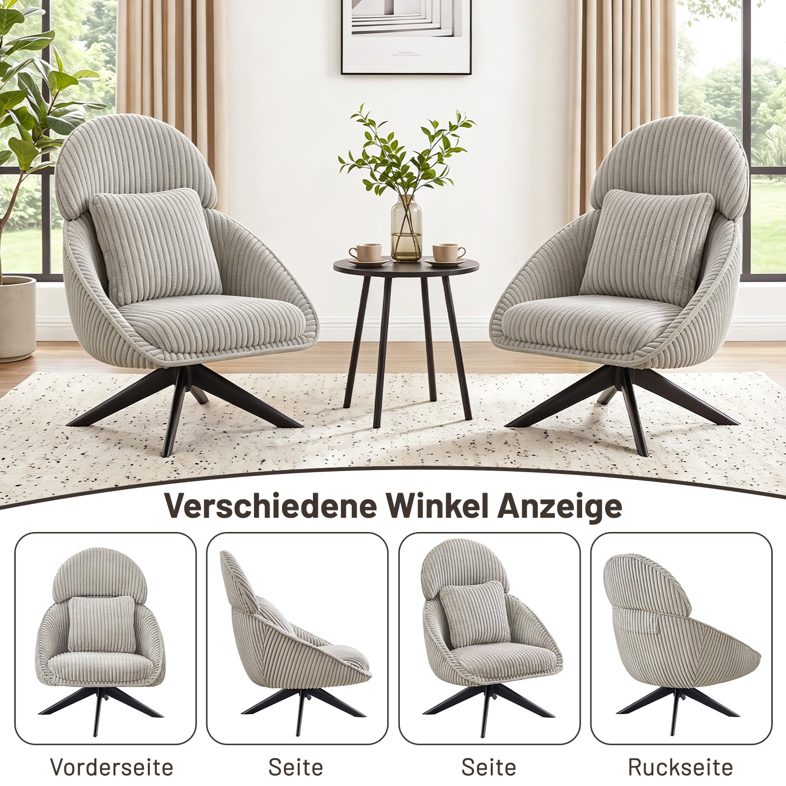 Loungesessel Sessel Wohnzimmer 360°Drehbar, Ohrensessel Armlehnstuhl Polsterstuhl mit dickem Abnehmbares Wurfkissen, Relaxsessel Lesesessel für Wohnzimmer Schlafzimmer Büro