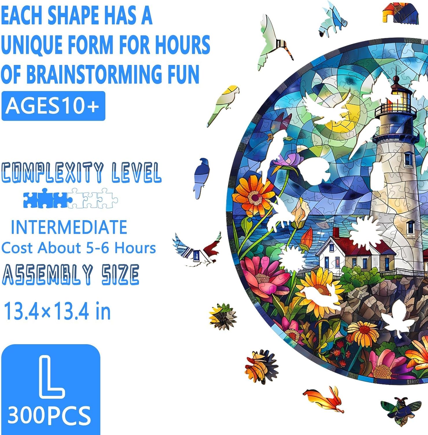 Wooden Puzzles for Adults, Stained Glass Lighthouse Wooden Jigsaw Puzzles for Adults 300 Pieces, Seaside Flower Wood Puzzles Adult, Gifts for Friends and Family, Wall Art Canvas Puzzle (L 13.4*13.4in)