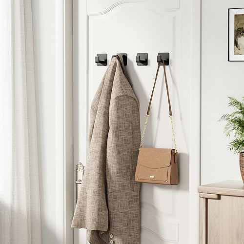 Miniatura 2 de Ganchos cuadrados autoadhesivos para toallas, paquete de 2 ganchos de metal negro mate, diseño en ángulo recto para toallas, batas y sombreros,