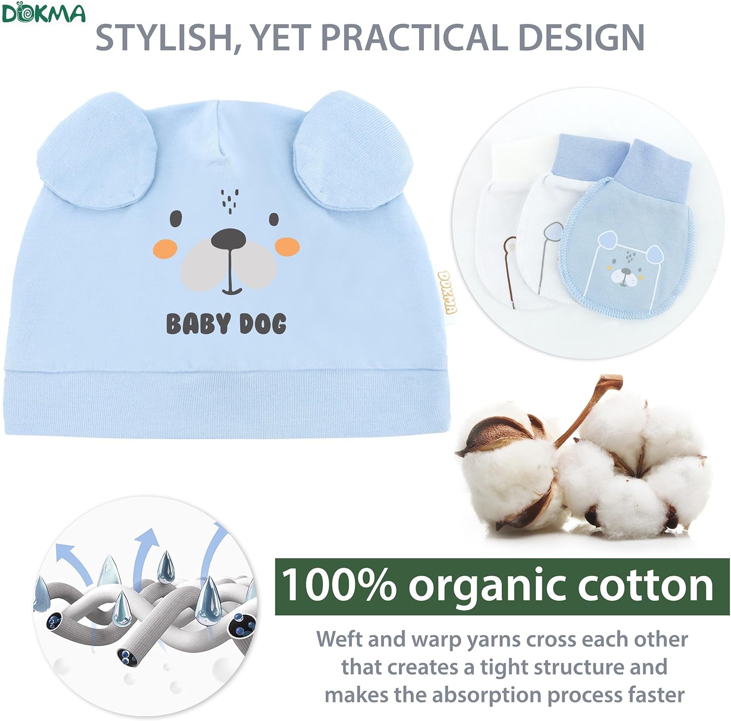 DOKMA Organic Cotton Baby Mittens and Caps Set with Adorable Bear Design for Newborn 0-6 Months, No Scratch, Ultra Soft - 5 Caps x 3 Mittens, Cute Blue - Image 6