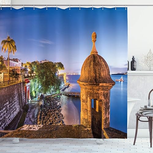 Lunarable Cortina de ducha de Puerto Rico, Coast at Paseo de la Princesa estilo retro con elementos arquitectónicos, juego de decoración de baño de