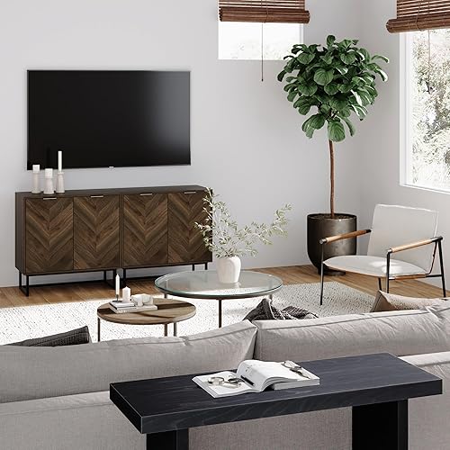 Vista 37 de Nathan James Enloe - Mueble de TV con puertas en un acabado rústico de madera de pino y base de metal dorado para pasillo, entrada o sala de estar