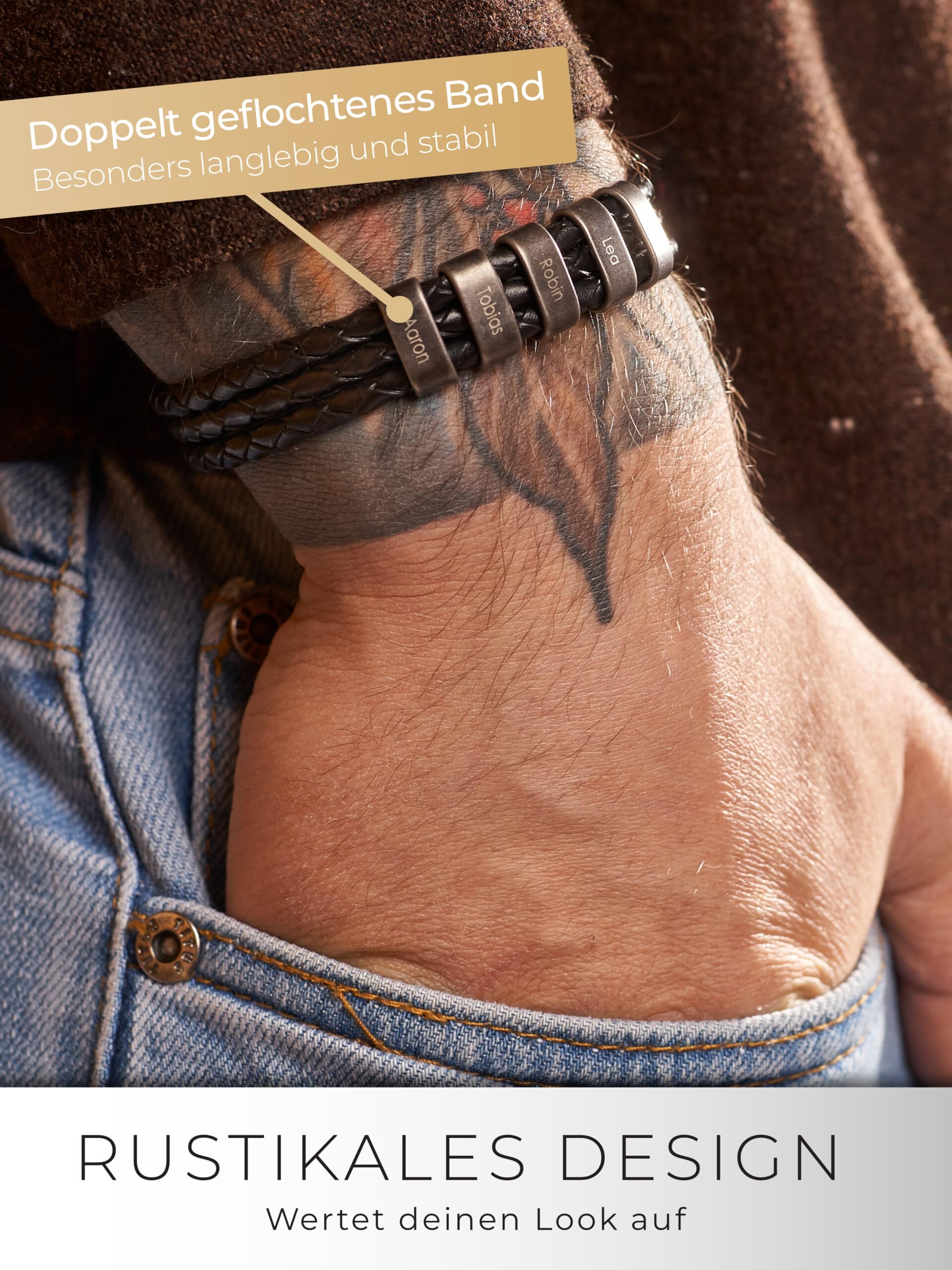 bijuuu Geflochtenes Lederarmband Herren – Echtleder Armband mit Namen – Flechtarmband aus Leder inklusive Gravur – Namensarmband personalisiert aus Rindsleder