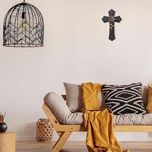 Miniatura 8 de Cruz de pared negra con tono dorado rosa espiritual decoración arte religioso regalo religioso escultura de arte espiritual de Jesús