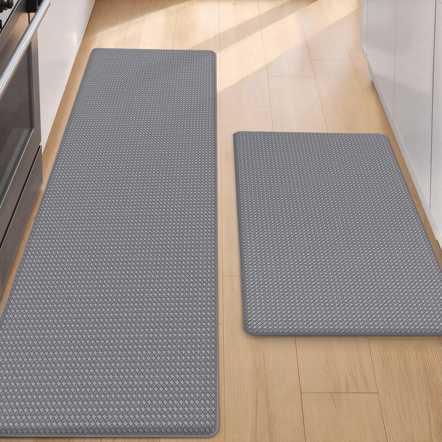 Color G 2 Piece Kitchen Mats Set, Anti Fatigue Standing Area Rugs Waterproof Leather, Non-slip, Oil Resistant Floor Mats for Office (44 x 75 cm + 44 x 150 cm, Grey)