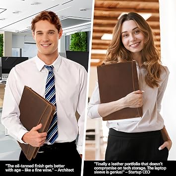 Full Grain Leather Portfolio A4, Premium Conference Folder with Zipper, Multi-Function Business Organizer & Padfolio for Men and Women, Professional Executive Gift - Brown
