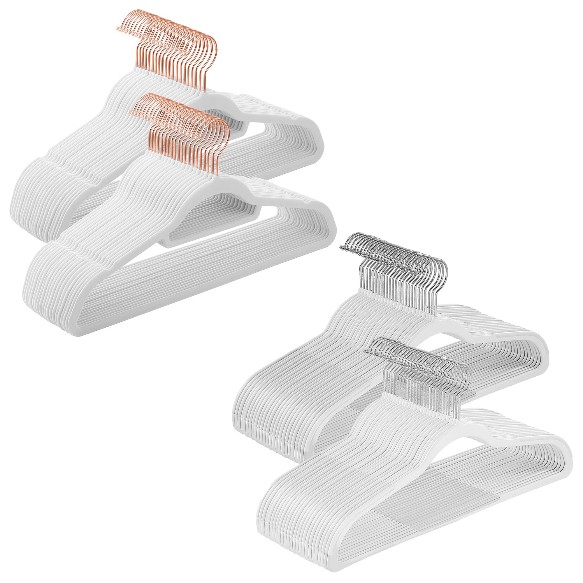 SONGMICS Coat Hangers Bundle, 50-Pack 16.9-Inch Velvet Hangers, 50-Pack 17.1-Inch Clothes Hanger with Rose Gold Swivel Hook, White UCRF029W05 and UCRF021W02