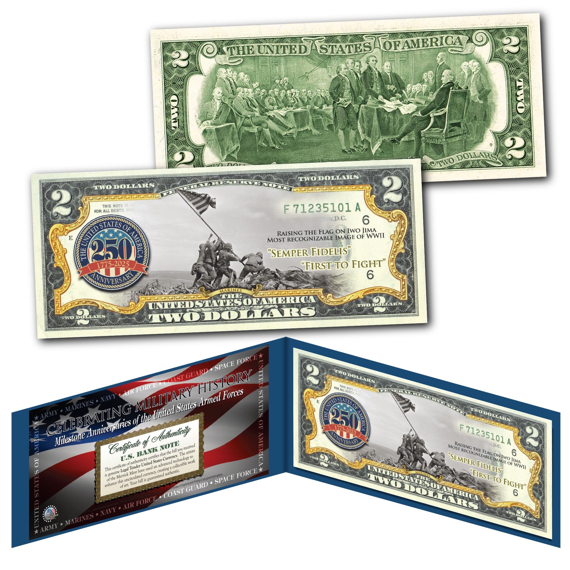 Marines 250th Anniversary Milestones of The U.S. Armed Forces Two Dollar Bill Collectible Blue Display Holder and Certificate