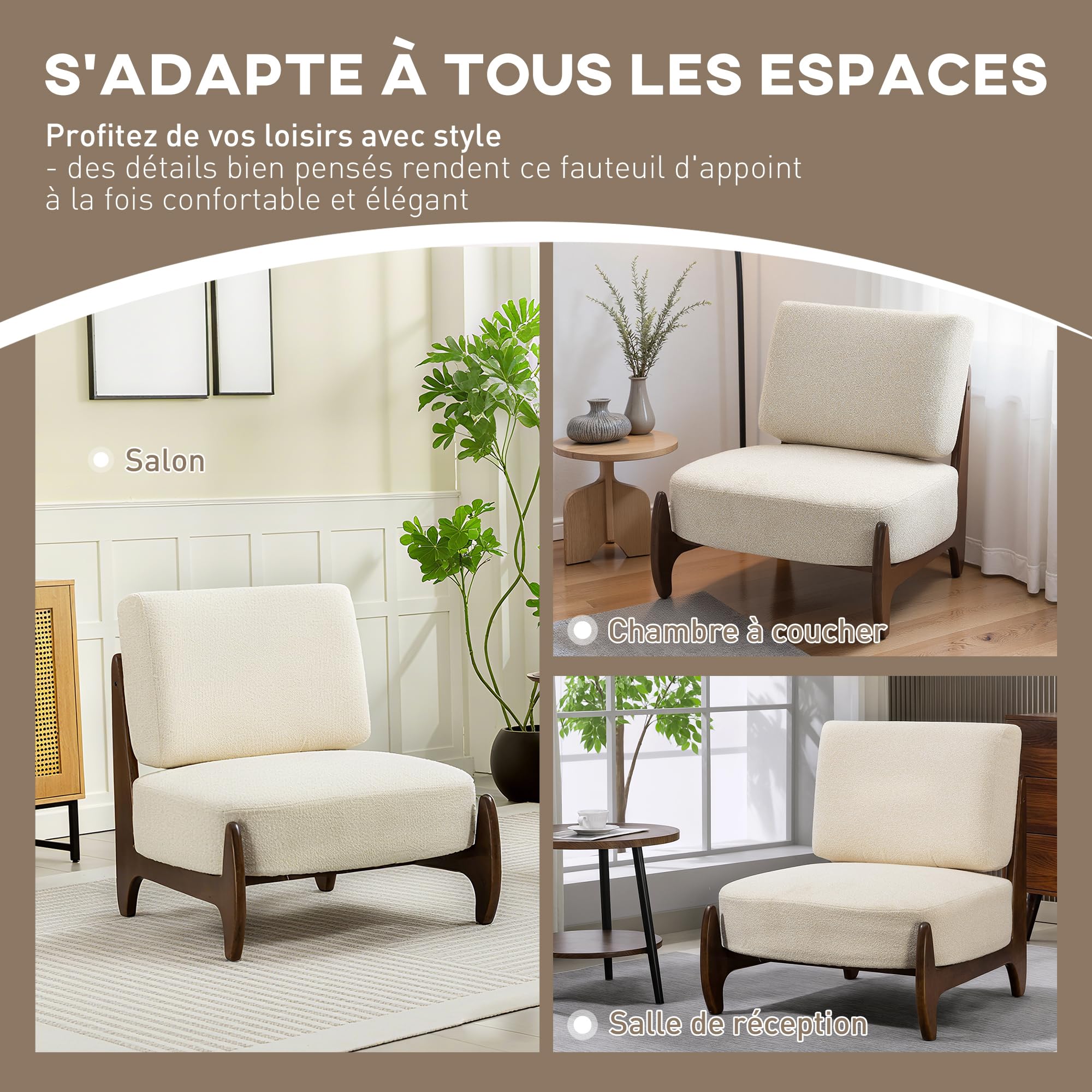 HOMCOM Fauteuil Salon en Chenille, Fauteuil Chambre Confortable Moderne avec Coussin épais, Assise rembourrée et Pieds en Bois d'hévéa, Chaise de Salon, Coins Lecture, Bureau à Domicile, crème