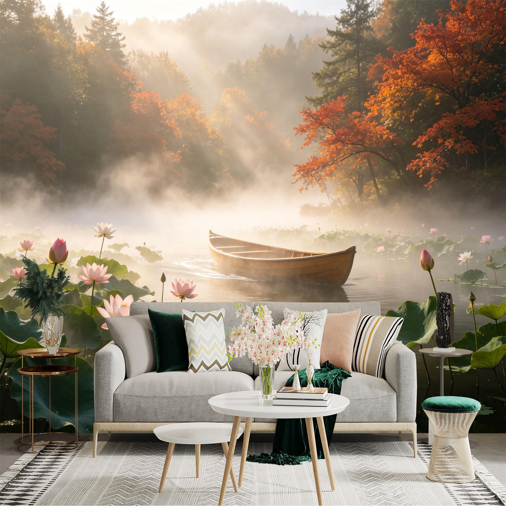 Custom Size Wall Sticker Mural， Misty Lake with Wooden Boat， Blooming Lotus Flowers， Autumn Forest Scenery， for wall Decoration， peelandstick wall Decals.