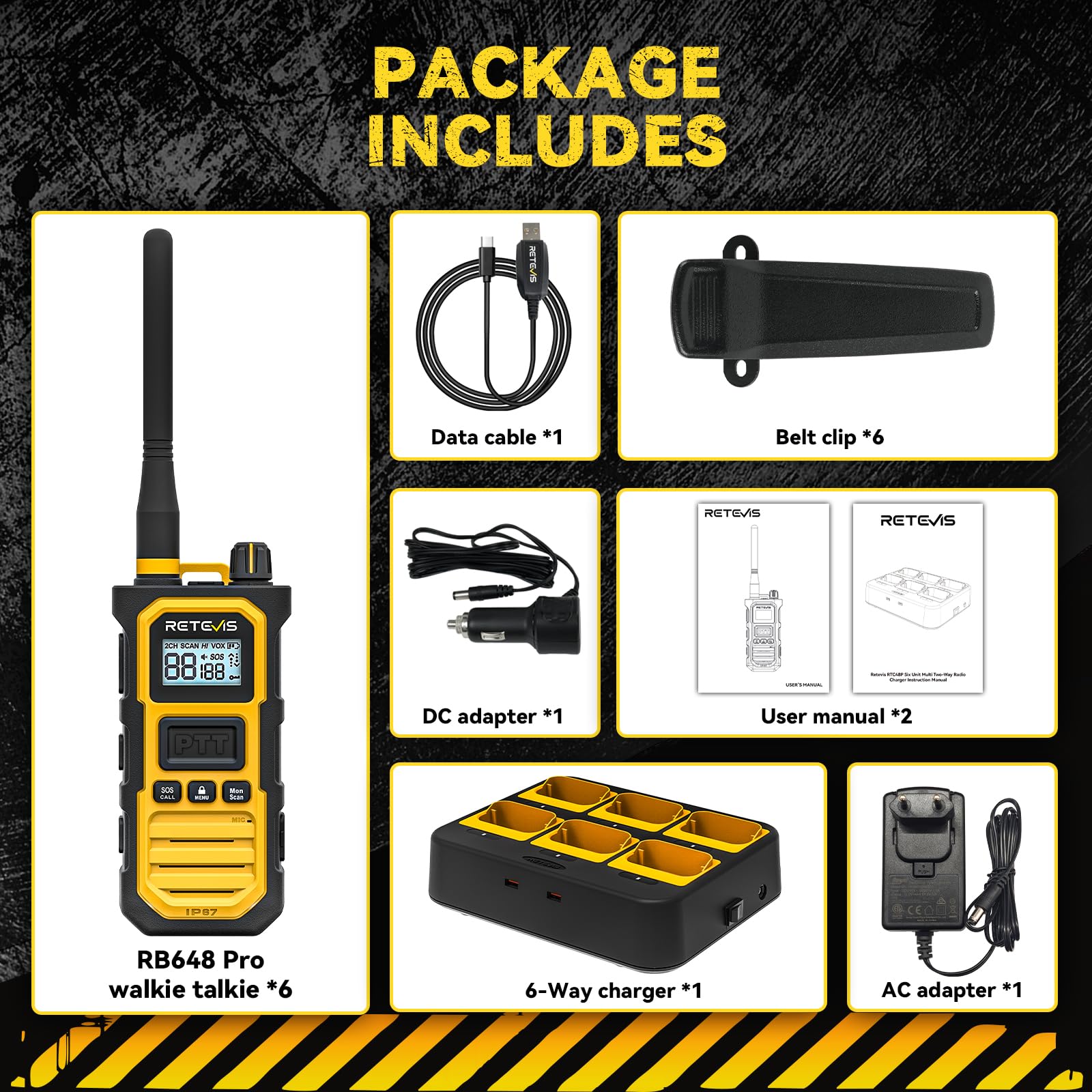 Retevis RB648 Pro Talkie Walkies, Talkie-Walkie Étanche IP67 avec Chargeur 6 Voies, 2800 mAh, Réduction Avancée du Bruit, Radio Bidirectionnelle Longue Portée Robuste pour Chantier (6 Pièces, Jaune)